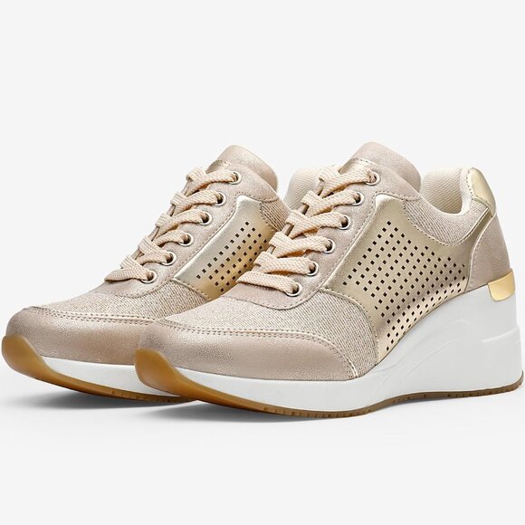 Cestfini Women Black Gold High Heeld Lace Up Daily Wear Sneaker for Casual - Picture 6 of 7